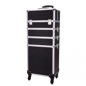 Kuferek kosmetyczny XXXL 4w1 walizka kosmetyczna na kółkach obrotowych 360 - Czarny gładki ze srebrnymi okuciami