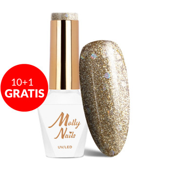 10+1gratis Lakier hybrydowy Molly Nails Queens Of Life Perfect Gold HEMA/Di-HEMA Free 8g Nr 32