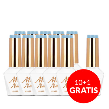 10+1gratis Lakier hybrydowy Molly Nails Blue Sky Baby Blue HEMA/Di-HEMA Free 8g Nr 110