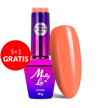 5+1gratis Lakier hybrydowy MollyLac Power Flower Orange velvet HEMA/Di-HEMA Free 10g Nr 721