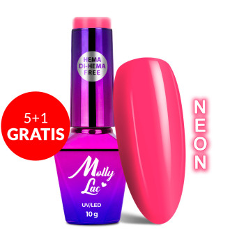 5+1gratis Lakier hybrydowy MollyLac Power Flower Pink gerbera HEMA/Di-HEMA Free Neon 10g Nr 722