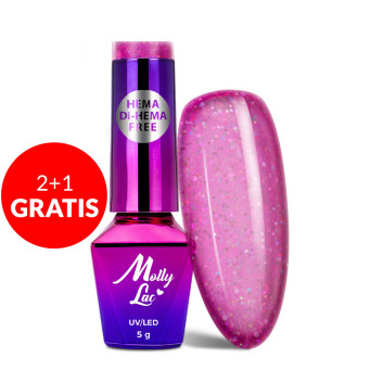 2+1gratis Lakier hybrydowy brokatowy MollyLac Spotlight Pink Fiction HEMA/Di-HEMA Free 5g Nr 634