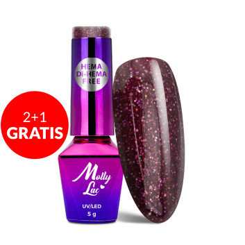 2+1gratis Lakier hybrydowy brokatowy MollyLac Spotlight Passionate HEMA/Di-HEMA Free 5g Nr 633