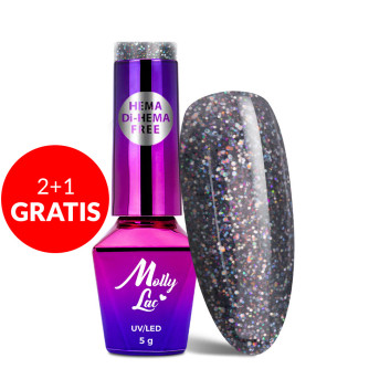 2+1gratis Lakier hybrydowy brokatowy MollyLac Spotlight Nightingale HEMA/Di-HEMA Free 5g Nr 637