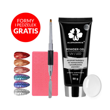 Powder Gel UV LED akrylożel budujący Hema/di-Hema free Clear 50g + Silikonowe formy + Pędzelek dwustronny ze szpatułką gratis