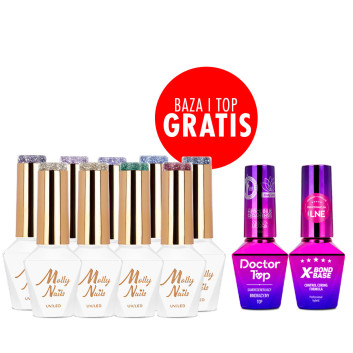 Zestaw 9 kolorów Flashing Lights 3 Molly Nails HEMA/Di-HEMA Free + baza i top GRATIS (X-Bond Base, Doctor Top)