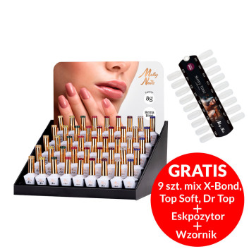 Pakiet 54 sztuki: 45 lakierów hybrydowych Molly Nails Story Time Hema/di-Hema free 8g + 9 baz i topów, wzornik, ekspozytor