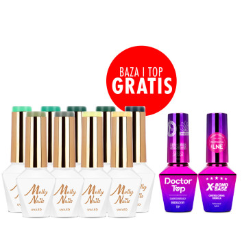 Zestaw 9 kolorów Rest & Relax Molly Nails HEMA/Di-HEMA Free + baza i top GRATIS (X-Bond Base, Doctor Top)