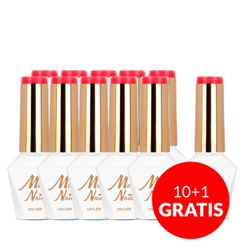 10+1gratis Lakier hybrydowy Molly Nails Hearts & Kisses Red Kiss Neon HEMA/Di-HEMA Free 8g Nr 198