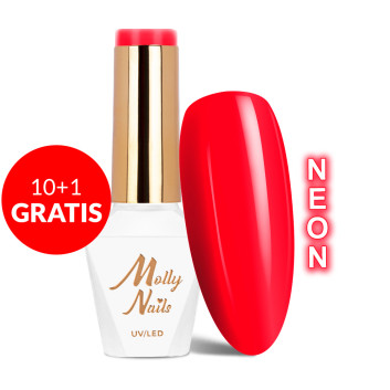 10+1gratis Lakier hybrydowy Molly Nails Hearts & Kisses Red Kiss Neon HEMA/Di-HEMA Free 8g Nr 198