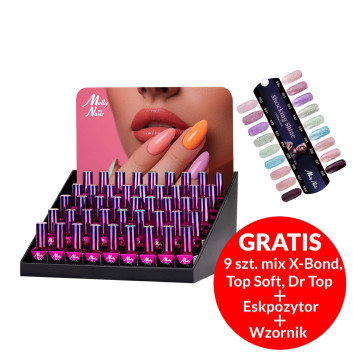 Pakiet 54 sztuki: 45 lakierów hybrydowych Molly Nails Shocking Shine 8g + 9 baz i topów, wzornik, ekspozytor