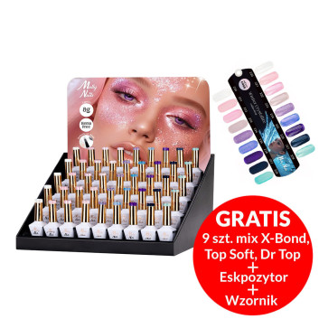 Pakiet 54 sztuki: 45 lakierów hybrydowych Molly Nails Winter Crystalize 8g + 9 baz i topów, wzornik, ekspozytor