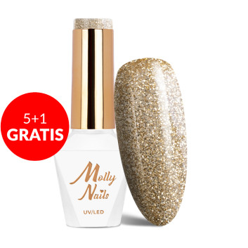 5+1gratis Lakier hybrydowy Molly Nails Queens Of Life Rich Gold HEMA/Di-HEMA Free 8g Nr 38