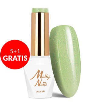 5+1gratis Lakier hybrydowy Molly Nails Green Party Glitter Green HEMA/Di-HEMA Free 8g Nr 81