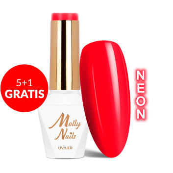 5+1gratis Lakier hybrydowy Molly Nails Hearts & Kisses Red Kiss Neon HEMA/Di-HEMA Free 8g Nr 198