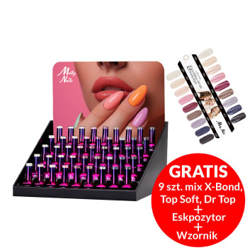 Pakiet 54 sztuki: 45 lakierów hybrydowych Molly Nails Wedding Dream & Champagne 8g + 9 baz i topów, wzornik, ekspozytor