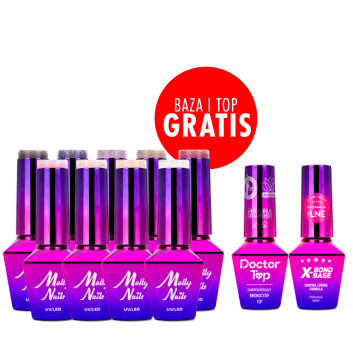 Zestaw 9 kolorów Wedding Dream & Champagne Molly Nails + baza i top GRATIS (X-Bond Base, Doctor Top)