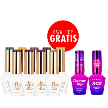 Zestaw 9 kolorów Energize Molly Nails HEMA/Di-HEMA Free + baza i top GRATIS (X-Bond Base, Doctor Top)