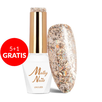 5+1gratis Lakier hybrydowy Molly Nails Crushed Diamonds Lady in Gold HEMA/Di-HEMA Free 8g Nr 535