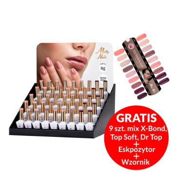 Pakiet 54 sztuki: 45 lakierów hybrydowych Molly Nails I'm Nudelover 8g + 9 baz i topów, wzornik, ekspozytor