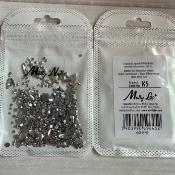 Ozdoby do paznokci Molly Nails cyrkonie srebrne mix 150 szt