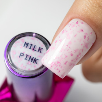 Mleczna baza kauczukowa z różowo metalicznymi płatkami Flakes Rubber Base Milk&Pink Molly Nails HEMA/Di-HEMA Free 10 gram