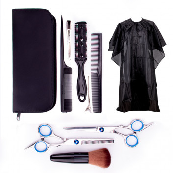 Nożyczki fryzjerskie i degażówki zestaw startowy 11 częściowy z pelerynką i niezbędnymi akcesoriami