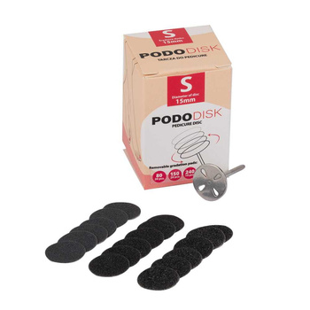 Pedicure-Scheibe „Pododisk“ – Set bestehend aus Schaft, Scheibe und 50 austauschbaren Scheiben, Durchmesser 15 mm