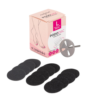 Pedicure-Scheibenschleifer „Pododisk“ – Set bestehend aus Schaft, Scheibe und 50 austauschbaren Schleifscheiben, Durchmesser 25 mm