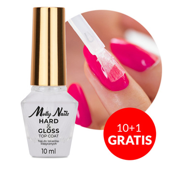 10+1 free Top Coat with Hard&Gloss polymer gloss and protection technology; MollyNails Top Coat 10 ml