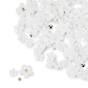 Adornos para uñas: flores de acrílico + bolitas Molly Nails blancas, 150 unidades