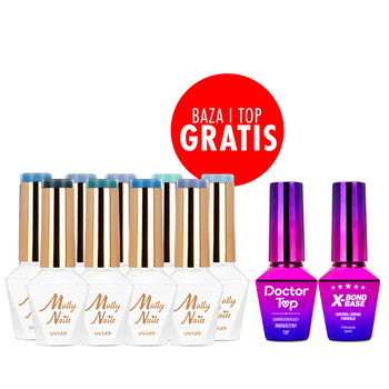 Set de 9 colores Blue Sky Molly Nails sin HEMA ni di-HEMA + base y top GRATIS (X-Bond Base, Doctor Top)