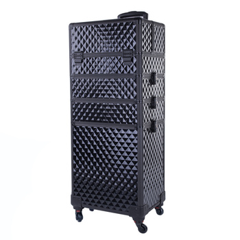 Maletín de maquillaje XXXL 4 en 1 con ruedas giratorias de 360 grados, Diamond 3D, negro con herrajes negros
