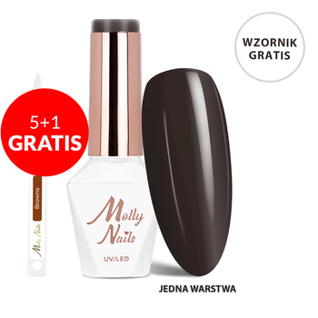 5 + 1 gratis. Esmalte híbrido LED/UV Gel Polish The Trend Edit n.º 300 Dark Chocolate de MollyNails, sin HEMA ni Di-HEMA, 8 g + Muestra de tonos marrones GRATIS