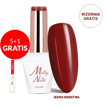 5 + 1 gratis. Esmalte híbrido LED/UV Gel Polish The Trend Edit n.º 301 Burgundy Edit MollyNails sin HEMA/Di-HEMA, 8 g + muestrario de rojos GRATIS