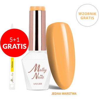 5 + 1 gratis. Esmalte híbrido LED/UV Gel Polish The Trend Edit n.º 303 Honey Mustard de MollyNails, sin HEMA ni Di-HEMA, 8 g + muestrario de tonos amarillos GRATIS
