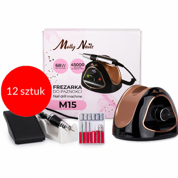Juego de 12 piezas: Fresadora para uñas Molly Nails de 68 W para manicura y pedicura, color negro y dorado, modelo M15, 45 000 rpm