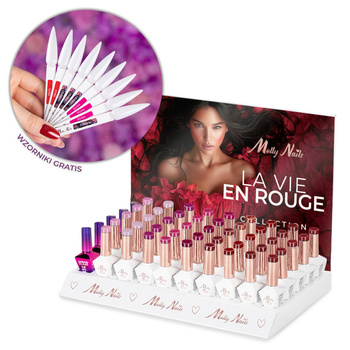 Paquete de 55 unidades: 45 esmaltes híbridos MollyNails The Trend Edit sin HEMA ni di-HEMA, de 8 g + 5 bases S.O.S. Fiber Angel Pink de 10 g, 45 plantillas para palitos y un expositor