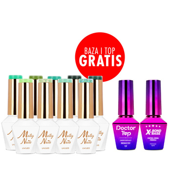 Coffret de 9 couleurs Green Party Molly Nails sans HEMA/di-HEMA + base et top coat GRATUITS (X-Bond Base, Doctor Top)