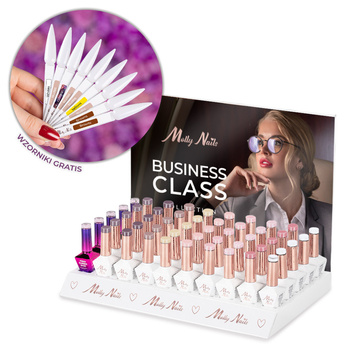 Lot de 55 pièces : 45 vernis hybrides MollyNails Business Class sans HEMA/di-HEMA, 8 g + 5 bases S.O.S. Fiber Angel Pink, 10 g, 45 gabarits pour bâtonnets, présentoir