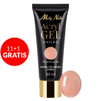 11 + 1 gratuit : Gel acrylique Polygel, gel de construction pour extension AcrylGel Molly Nails, sans HEMA/Di-HEMA, Peach Glow, 30 ml