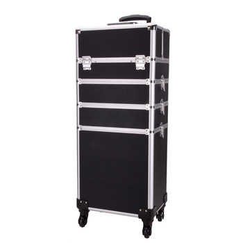 Trousse de toilette XXXL 4-en-1, valise de toilette à roulettes pivotantes à 360° - Noir uni avec des finitions argentées