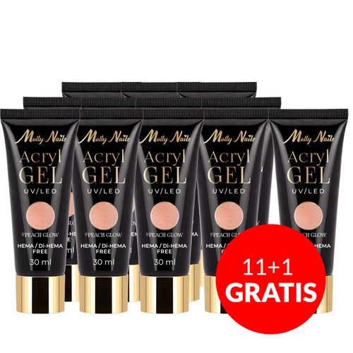 11 + 1 gratuit : Gel acrylique Polygel, gel de construction pour extensions AcrylGel Molly Nails, sans HEMA/Di-HEMA, Peach Glow, 30 ml