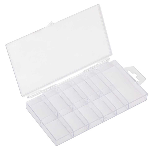 Caja con compartimentos para uñas postizas o pequeños adornos, 11 compartimentos, transparente