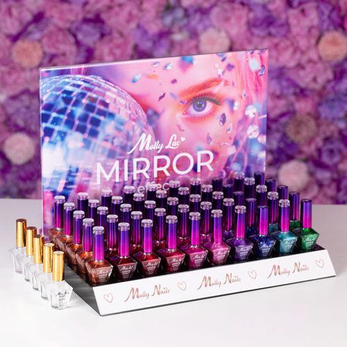 Pakiet 55 sztuk: 50 lakierów klasycznych MollyLac Mirror 10ml + 5 topów Hard&Gloss MollyNails 10ml, ekspozytor