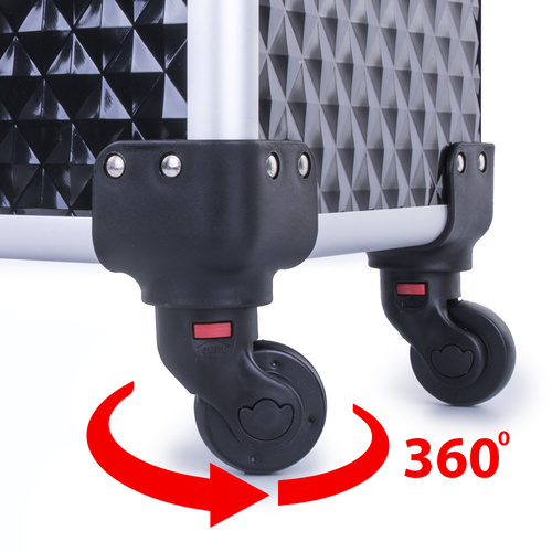 Trousse de maquillage XXXL 4 en 1, valise de maquillage à roulettes pivotantes à 360 degrés, Diamond 3D, noire avec des finitions argentées