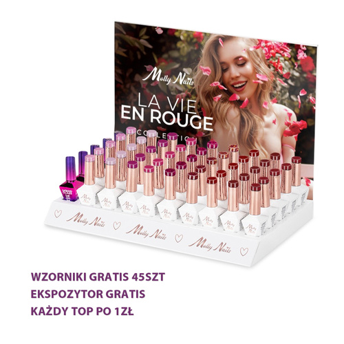 Confezione da 55 pezzi: 45 smalti ibridi MollyNails The Trend Edit senza Hema/di-Hema da 8 g + 5 basi S.O.S. Fiber Angel Pink da 10 g, 45 modelli di bastoncini, espositore