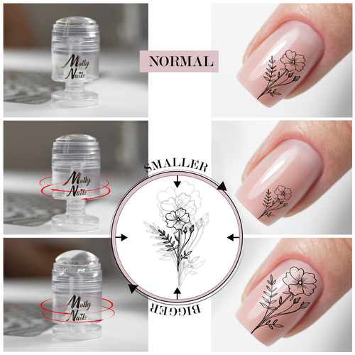 Stempel stempelek silikonowy do blaszek Molly Nails z regulowaną wielkością wzoru i ściągaczką