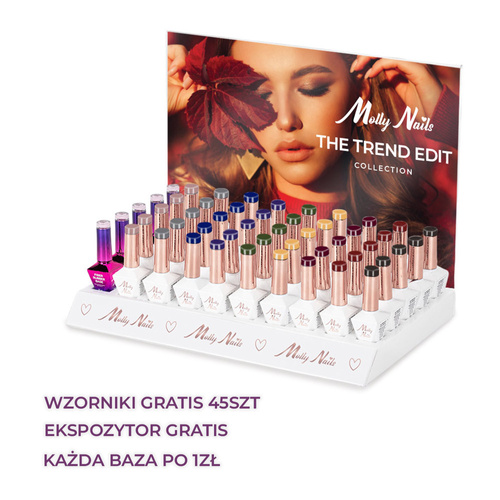 Pakiet 54 sztuki: 45 lakierów hybrydowych Molly Nails Choco Dream Hema/di-Hema free 8g + 9 baz i topów, wzornik, ekspozytor