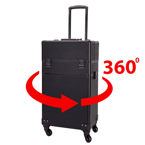 XXXL-Kosmetikkoffer 4-in-1, Kosmetikkoffer mit 360°-Drehrollen – Schwarz, glatt, mit schwarzen Beschlägen